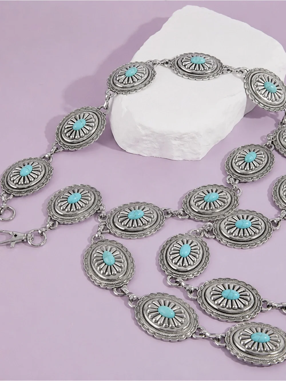 Silver Oval Turquoise Concho Chain Belt
